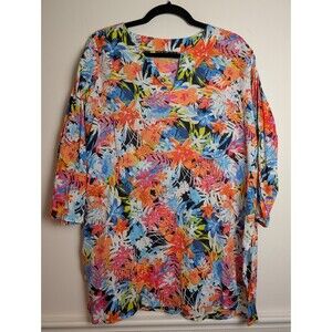 Kikisol Floral Tunic Top Sz L Colorful Cotton Lightweight Semi Sheer 3/4 Sleeves